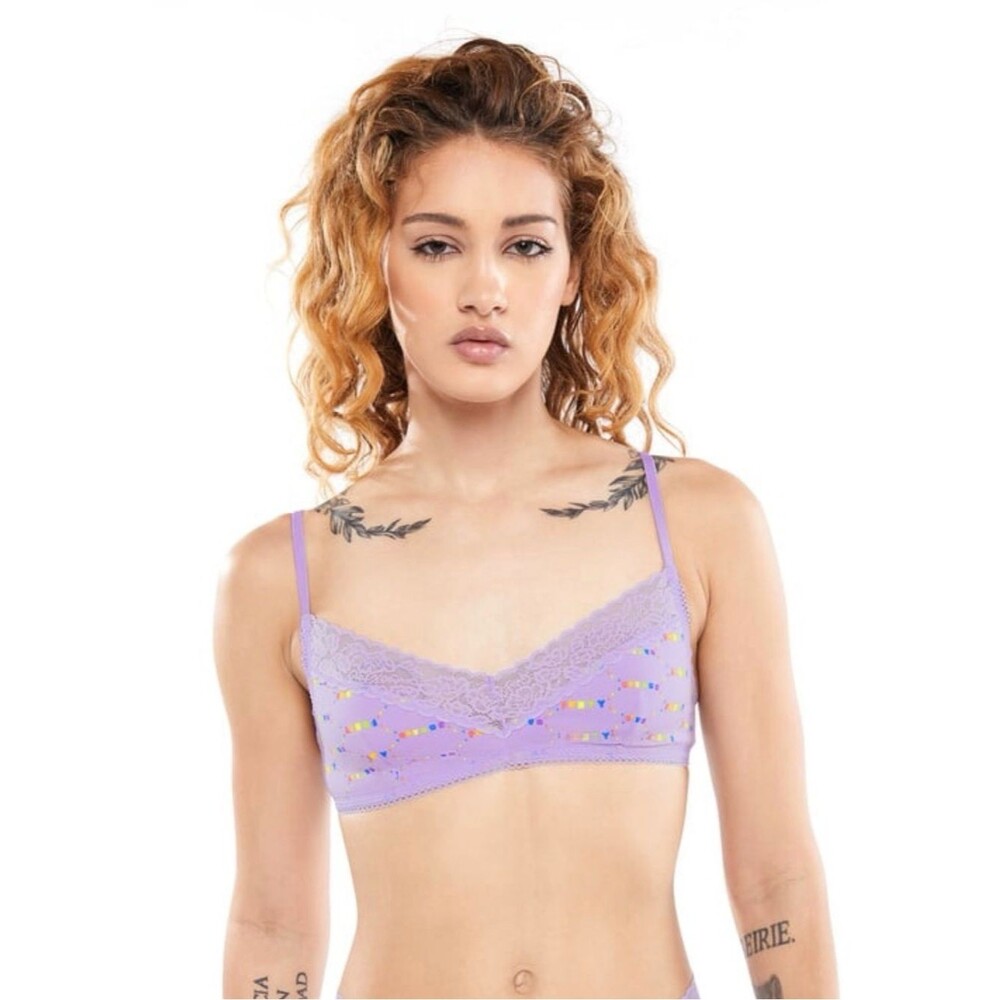 Savage x Fenty NWT Women Large Cotton Lace Trim Rainbow Logo Triangle Bralette